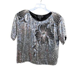 Vintage JLB Silver Sequin Beaded 100% Silk Formal Great Gatsby‎ Blouse Medium